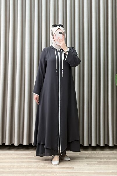 mercan moda NURELLA FERACE Krep Şifon Kumaş Kadın Füme Kapüşonlu Şerit Detayl...
