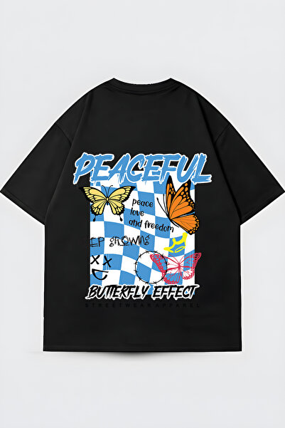 FUWEAR Μαύρο μπλουζάκι streetwear με σχέδιο Y2K με στάμπα πεταλούδας και λαιμ...