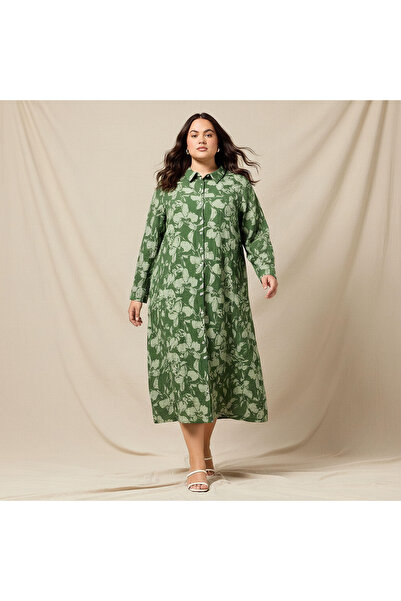 Ulla Popken Plus Size Floral Print Women Linen Blend Shirt Dress