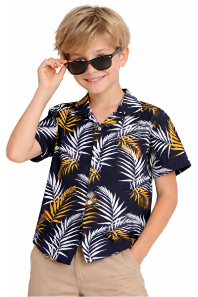 İrem Çocuk Giyim Boy's Leaf Patterned Button Closure Non-Lycra Short Sleeve B...
