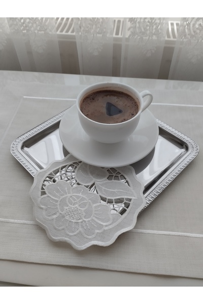 COLLECTİON Lüks Nakışlı Kokteyl Peçetesi 4 Adet - El İşçiliği Yuvarlak Bardak...