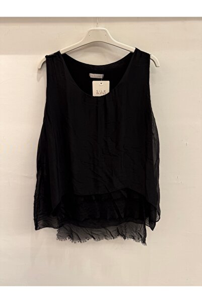 della moor Women's Black Italian Hem Layered Zero Sleeve Lined Silk Blouse Si...