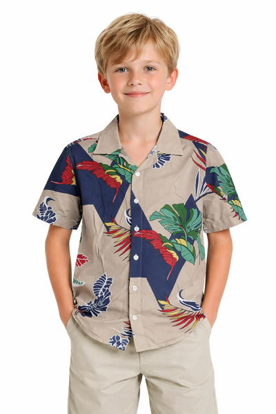 İrem Çocuk Giyim Boy's Leaf Patterned Button Closure Non-Lycra Light Brown Co...