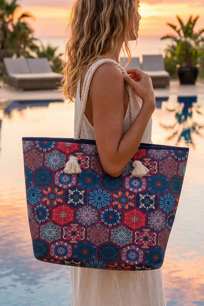 Mosaic Patterned Picnic and Beach Bag Stylish Shoulder Bag with Rope Handle