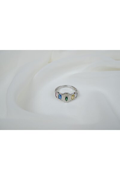 ATELİER TUĞBA Yzk411 Colorful Baguette Stone Detail Silver Adjustable Ring