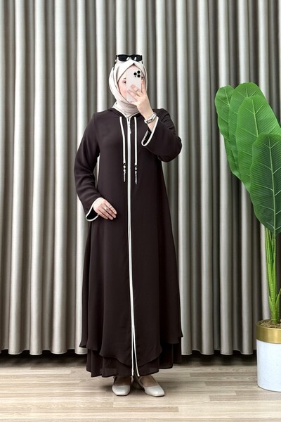 mercan moda NURELLA FERACE Krep Şifon Kumaş Kadın Kahverengi Kapüşonlu Şerit ...