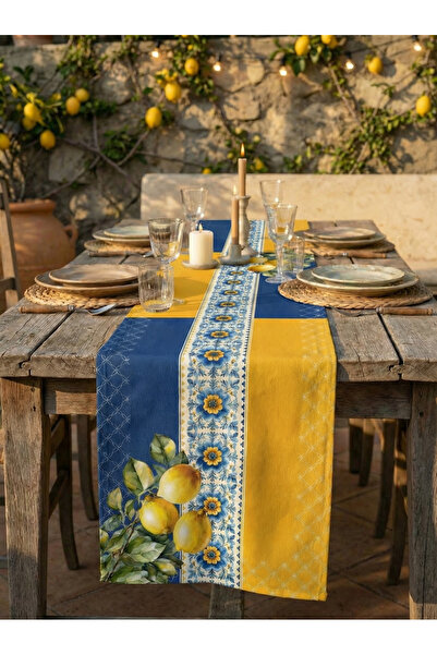 CANİLA EPHESUS Limon Deseni Lacivert Detaylı Runner 45 x 145 Cm