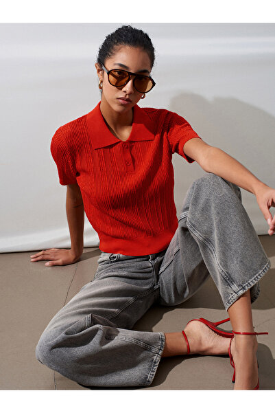 Dilvin 10781 Πλεκτή μπλούζα με γιακά πόλο και κουμπιά, διάτρητη - Ανοιχτό καφέ