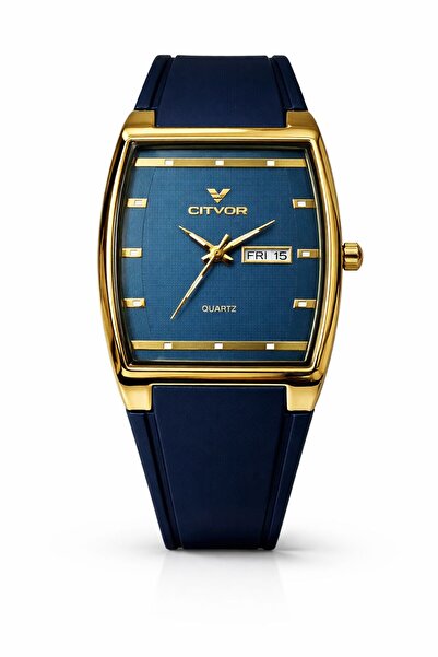 SHADOW CITVOR Regal Classic Men’s Analog Watch Blue Dial Gold Case Rubber Str...