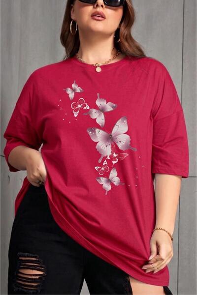 Oksit Γυναικείο βαμβακερό μπλουζάκι με στάμπα πεταλούδας, μεγάλο μέγεθος, με ...