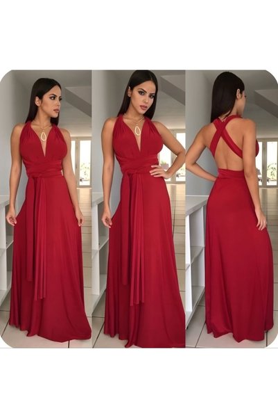 charango Women's Sleeveless Flared Skirt Dress with Different Tie Collar Long Red Evening Dress
