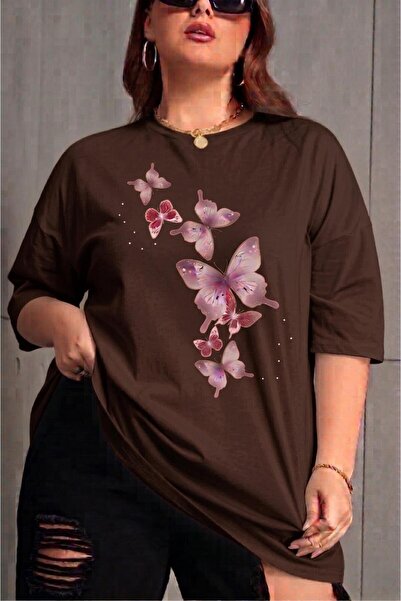 Oksit Γυναικείο βαμβακερό μπλουζάκι με στάμπα πεταλούδας, μεγάλο μέγεθος, με ...