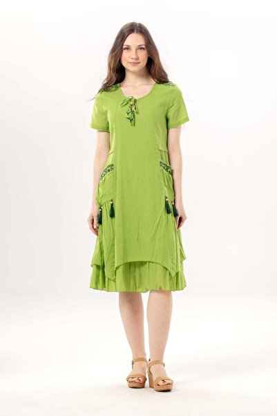 Eliş Şile Bezi Short Sleeve Nile Voile Knee Length Double Pockets Embroidered...