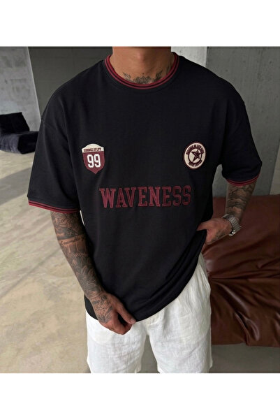 OUTFİT MAN WAVENESS Κεντημένο Υπερμεγέθες Μπλουζάκι Μαύρο