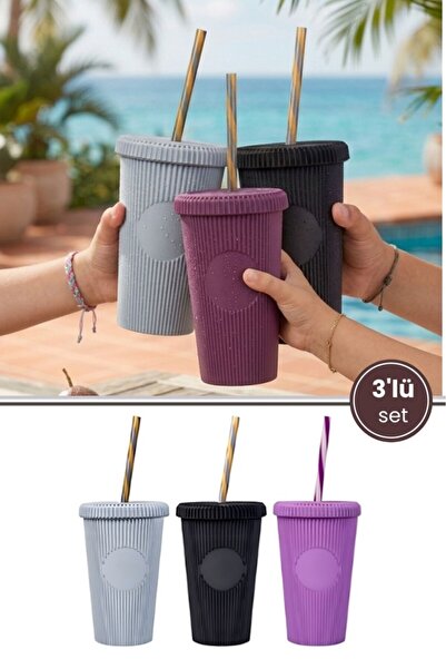Flora 3 Adet Pipetli Kapaklı Opak Bardak 660 ml, Smoothie Meşrubat İçecek Bar...
