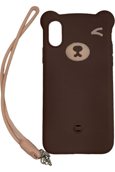OEM Θήκη σιλικόνης με αρκουδάκι για iPhone X/XS καφέ με λουράκι