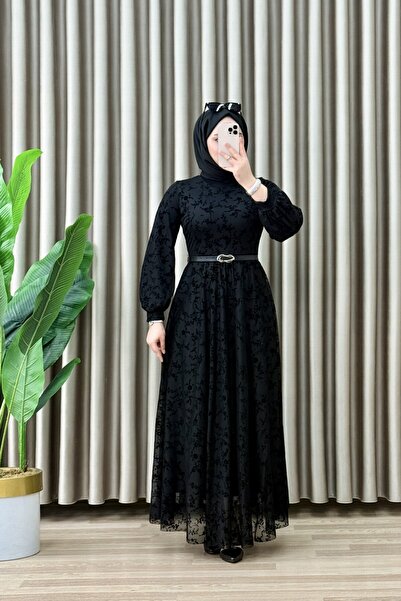 mercan moda ROMANTİK ABİYE Likralı Flok Kumaş Kadın Siyah Kemerli Tesettür Şı...