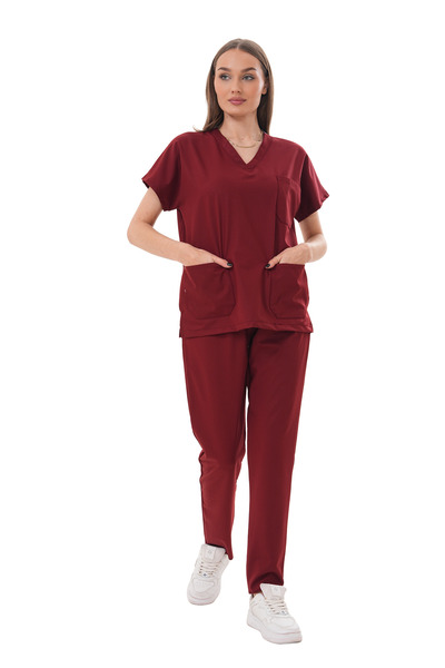 Jüniper En- Boy Likralı Bordo Kadın Scrubs Takım