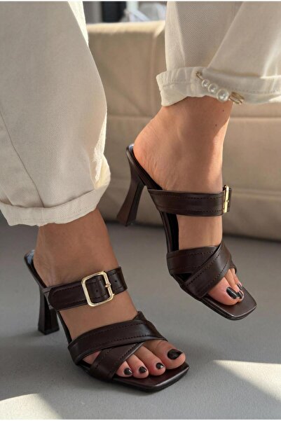 I Love Shoes Γυναικείες δερμάτινες παντόφλες με τακούνι Norden Acıkahve σε μα...