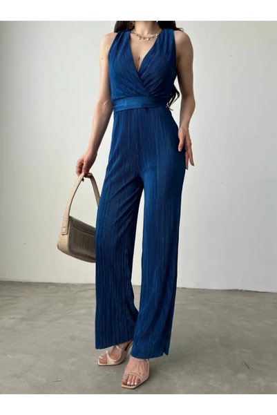 Fav Style Women's Double Breasted Collar Wide Leg Belted Crinkle Jumpsuit Cobalt Blue