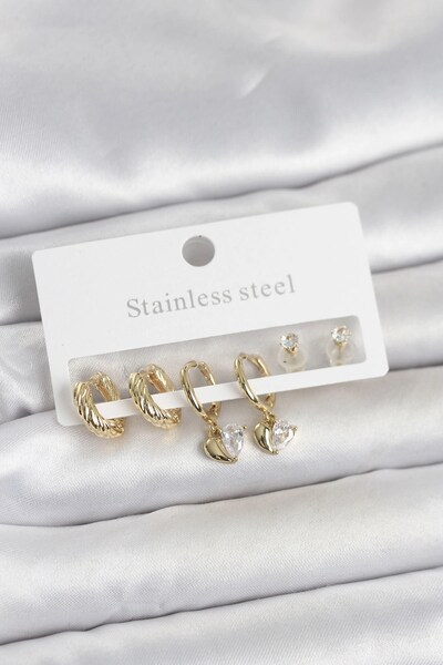 sylar 316L Steel Gold Color Heart Detailed Women's Earring Set