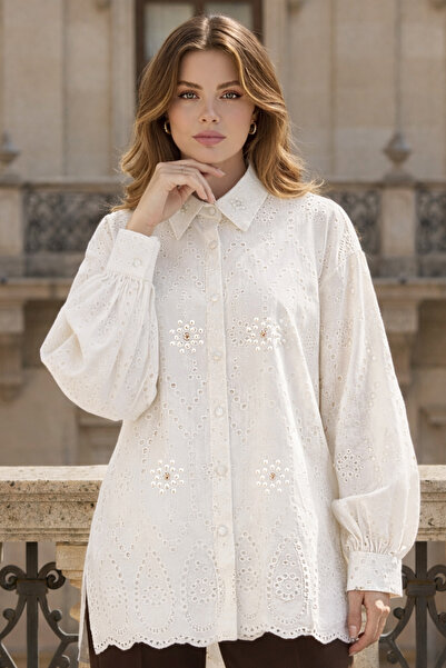 benguen Stone Detailed Scallop Shirt A7016 White