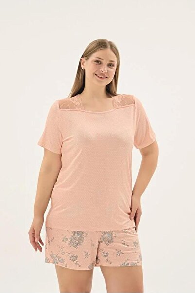 Sevim 17748 Salmon Lace Detailed Plus Size Oversized Shorts Set
