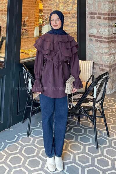 lamelif Flywheel Detailed Sleeve Gathered Shirt Plum