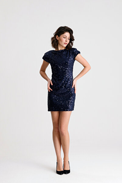 Sense Φόρεμα με επένδυση και παγιέτες |   ELB36664 Ναυτικό μπλε