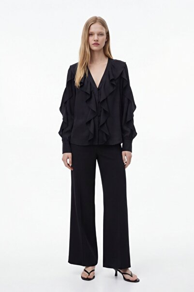 Quzu Διαφανές πουκάμισο με βολάν σε σχήμα V, μαύρο