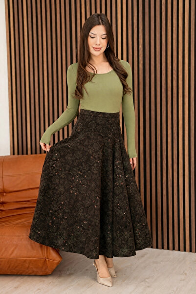 lodmela Βελούδινη μακριά φούστα με στάμπα και πούλιες 6079-Καφέ/Πράσινο