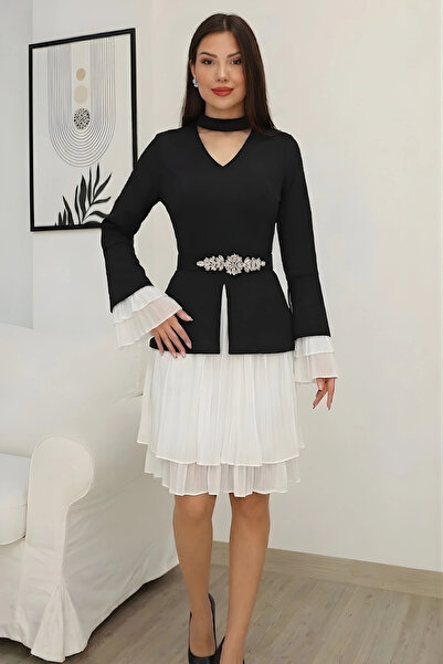 lodmela Φόρεμα Ζώνη τεμαχίων λεπτομέρεια με σούρες 2338-Μαύρο/Λευκό