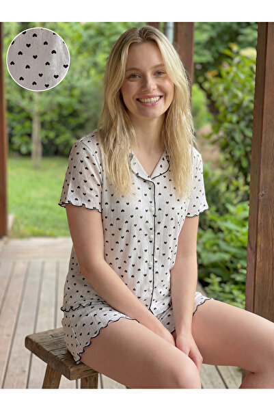 rindahomewear Women's Alaçatı Fabric Buttoned Patterned Short Sleeve Summer S...