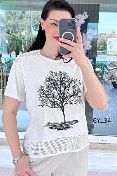 İnce Topuk Tree Printed Mesh Cotton Blouse 6Y134