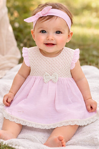 Nehad Bebe Baby Girl Linen Dress with Lace Detail Pink Summer Stylish Casual ...