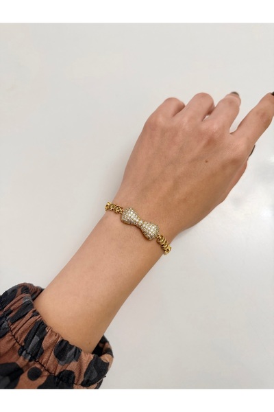 Lilith Takı Elegant Stone Bow Detailed Gold Color Bracelet |   Sparkling Styl...