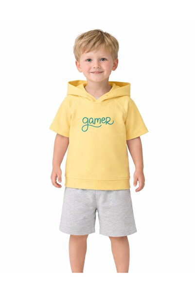 OrganicKid Gamer Çocuk Sarı Reglan Kol Kapşonlu T-shirt