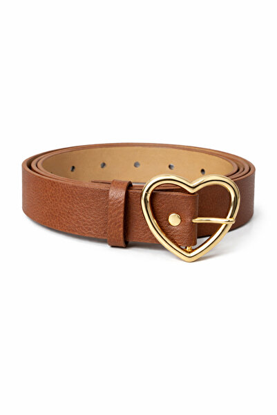 kemer krallığı Women's Heart Buckle Tan Belt (Gold Buckle)