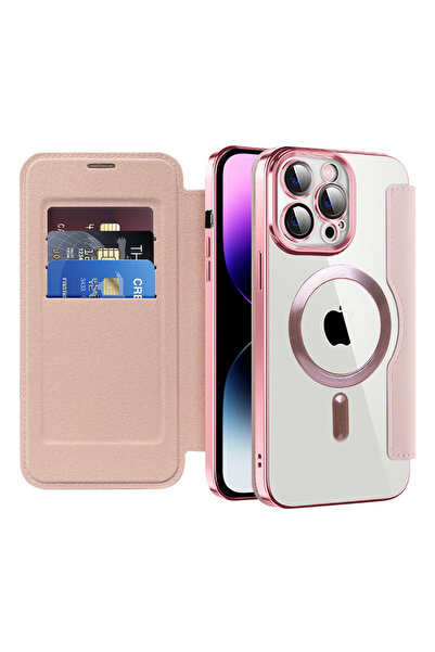 DAMUR Husă Flip MagSafe Apple iPhone 14 Pro Max, Slot Card RFID, Tip Carte, Roz