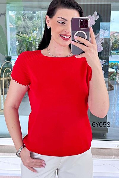 İnce Topuk Pearl-Embellished Mercerized Knitwear Blouse 6Y058