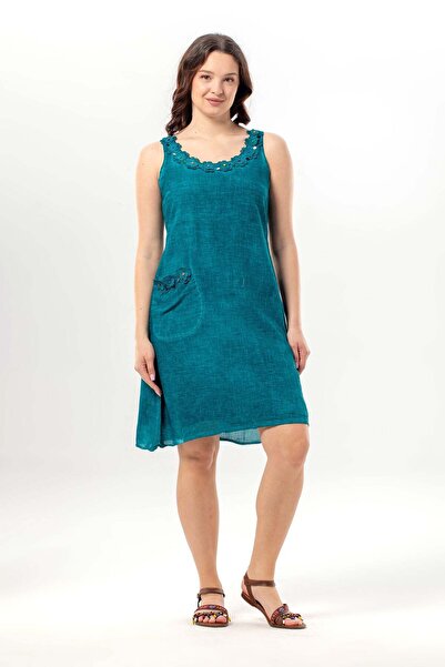 Eliş Şile Bezi Sleeveless Monika Daisy Embroidered Pocketed Short Poplin Dres...