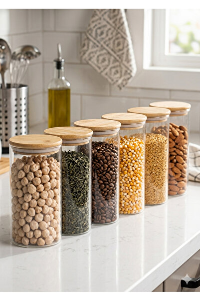 NOKKA Vacuum Bamboo Lid Borosilicate Glass Jar Set - 6-Piece 1000 ml Food Sto...