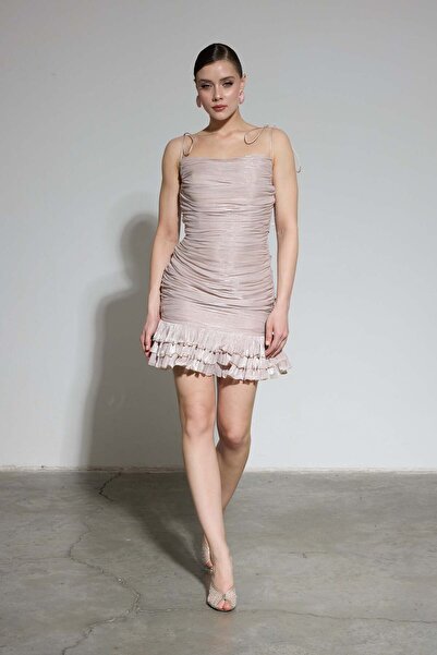 Carmen Βραδινό φόρεμα από οργάντζα με βολάν και πέτρινα διακοσμητικά