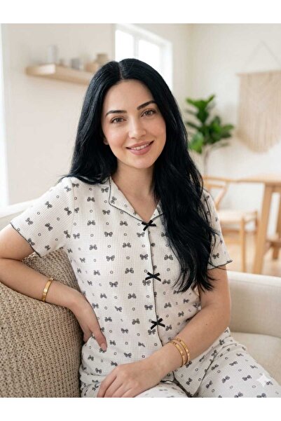 Asel طقم بيجامة نسائي صيفي من القطن المضلع الناعم