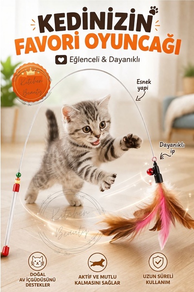 İndirimKap Kedi Oyun Oltası 90 Cm Renkli Tüylü Kedi Oyuncağı