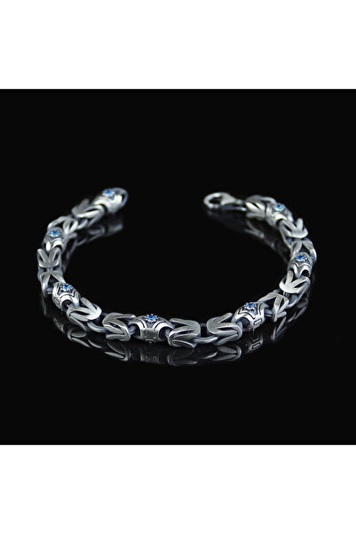 Mercan Silver 925 Ayar Gümüş Oksitli Aquamarine Taşlı Kral Bileklik