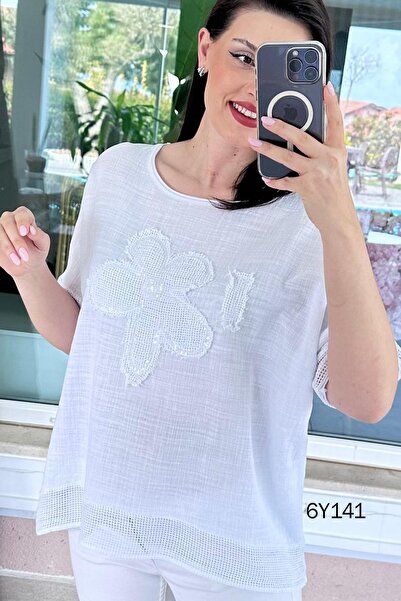 İnce Topuk Daisy Sequin Embroidered Linen Blouse 6Y141