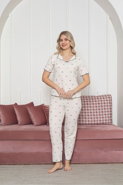 Asel Kadın Kısa Kollu Yumuşak Tuşe Yazlık Bürümcük Kumaş Pijama Takım