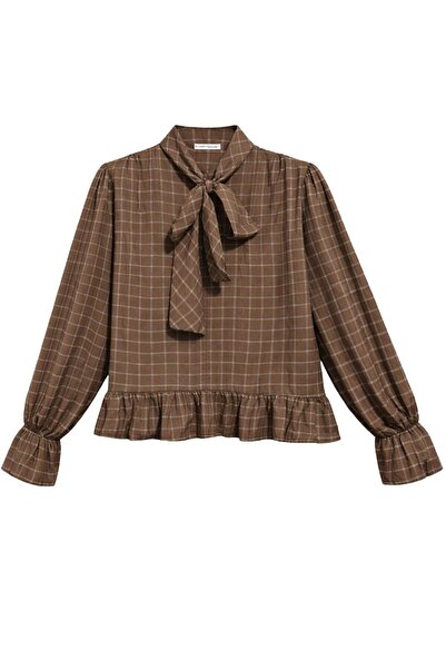 Mixray 4881 Γυναικεία καρό μπλούζα με διακοσμητικό γιακά και βολάν Καφέ