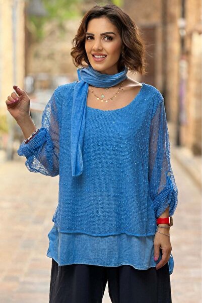 Nevin Kaya Moda Τιρκουάζ Χρώμα Ιταλική Μπλούζα με Λεπτομέρεια από Διχτυωτό Ύφ...